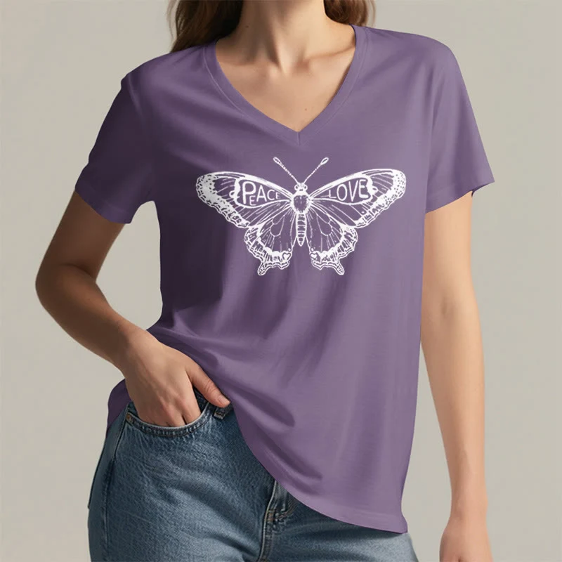 Olivenorma PEACE & LOVE Schmetterling Kurzarm-T-Shirt mit V-Ausschnitt