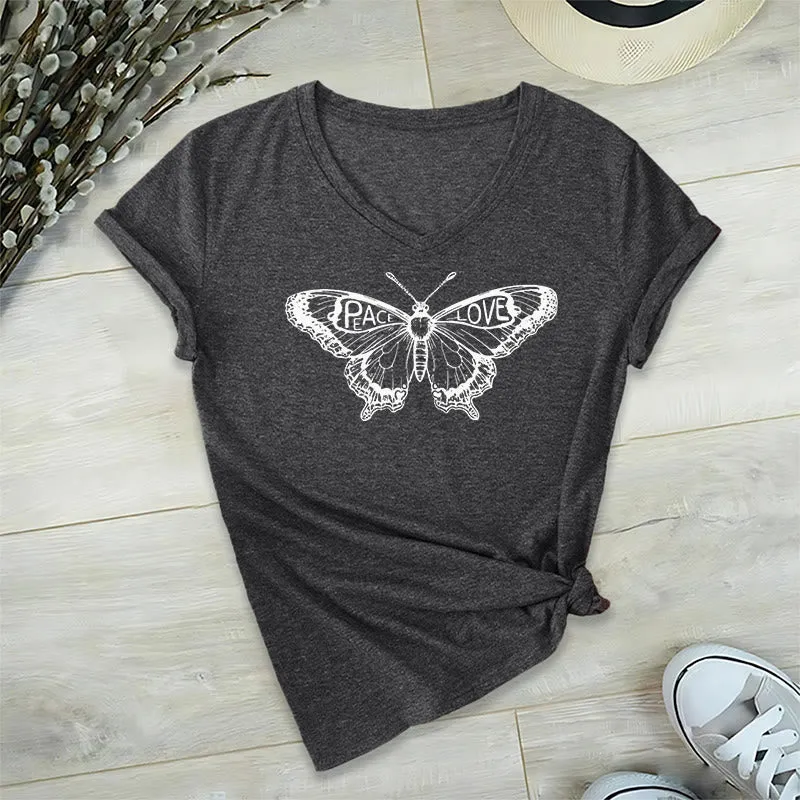 Olivenorma PEACE & LOVE Schmetterling Kurzarm-T-Shirt mit V-Ausschnitt