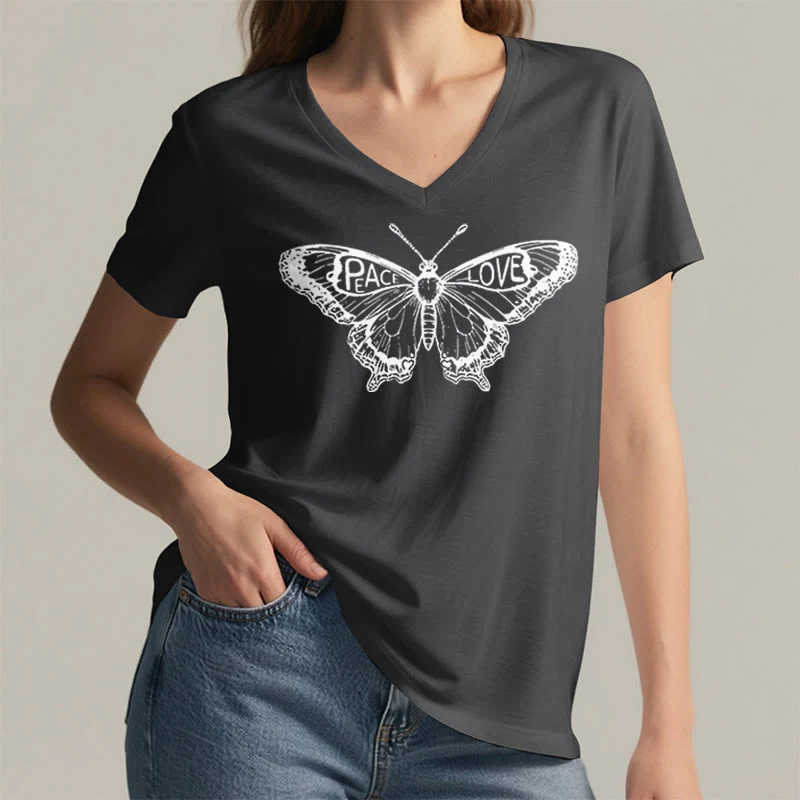 Olivenorma PEACE & LOVE Schmetterling Kurzarm-T-Shirt mit V-Ausschnitt