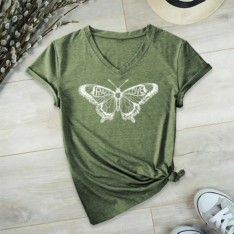 Olivenorma PEACE & LOVE Schmetterling Kurzarm-T-Shirt mit V-Ausschnitt