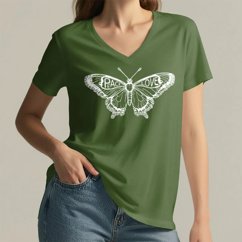 Olivenorma PEACE & LOVE Schmetterling Kurzarm-T-Shirt mit V-Ausschnitt
