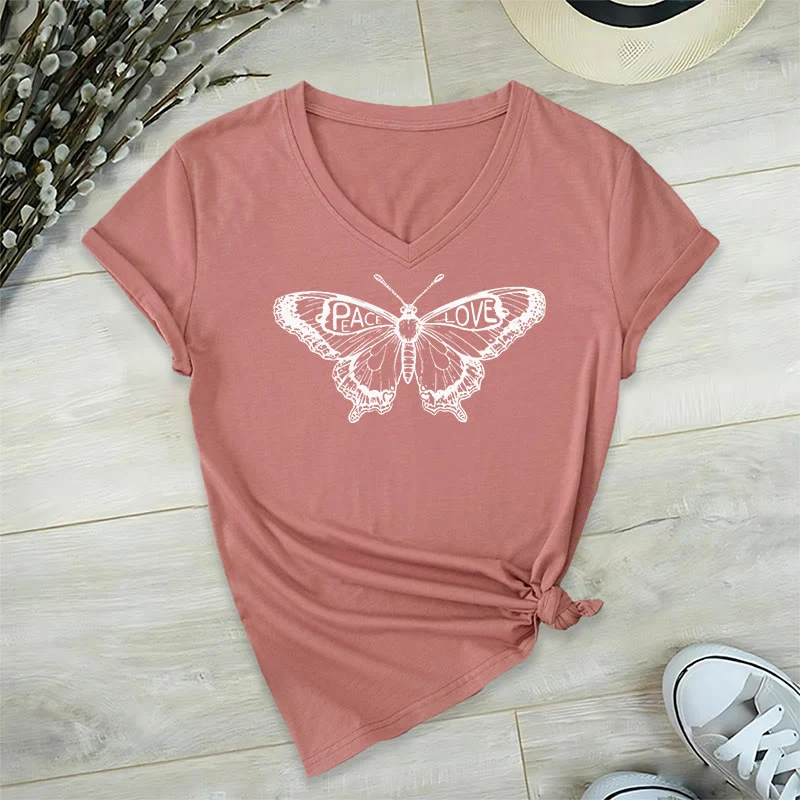 Olivenorma PEACE & LOVE Schmetterling Kurzarm-T-Shirt mit V-Ausschnitt