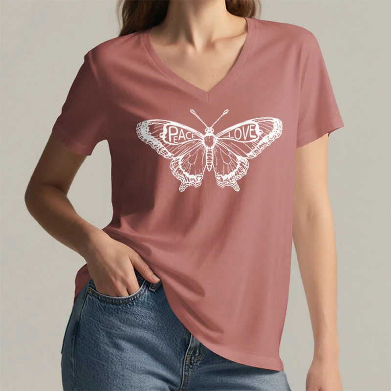 Olivenorma PEACE & LOVE Schmetterling Kurzarm-T-Shirt mit V-Ausschnitt