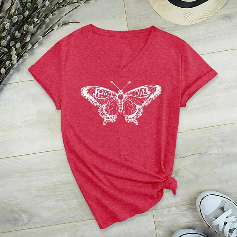 Olivenorma PEACE & LOVE Schmetterling Kurzarm-T-Shirt mit V-Ausschnitt