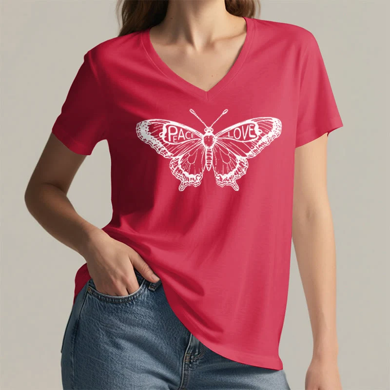 Olivenorma PEACE & LOVE Schmetterling Kurzarm-T-Shirt mit V-Ausschnitt