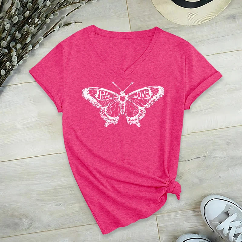 Olivenorma PEACE & LOVE Schmetterling Kurzarm-T-Shirt mit V-Ausschnitt