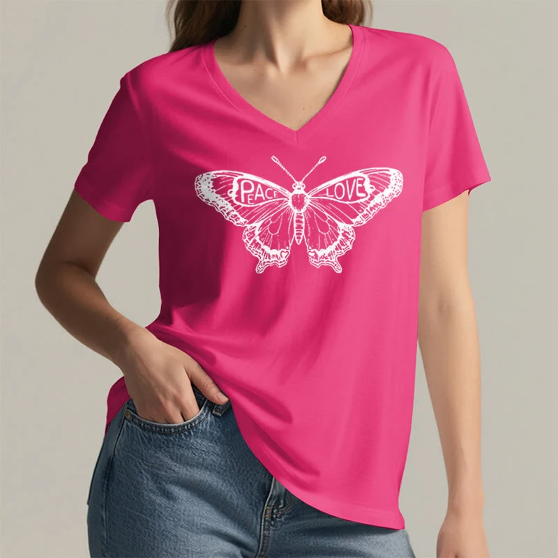Olivenorma PEACE & LOVE Schmetterling Kurzarm-T-Shirt mit V-Ausschnitt