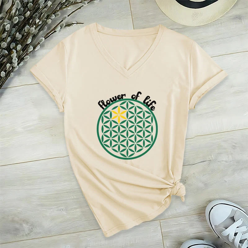 Olivenorma Flower of Life Boho Graphic Tees Lässiges T-Shirt mit V-Ausschnitt