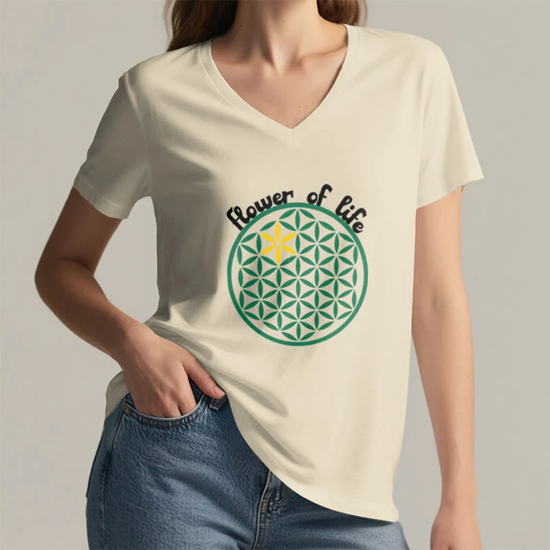 Olivenorma Flower of Life Boho Graphic Tees Lässiges T-Shirt mit V-Ausschnitt