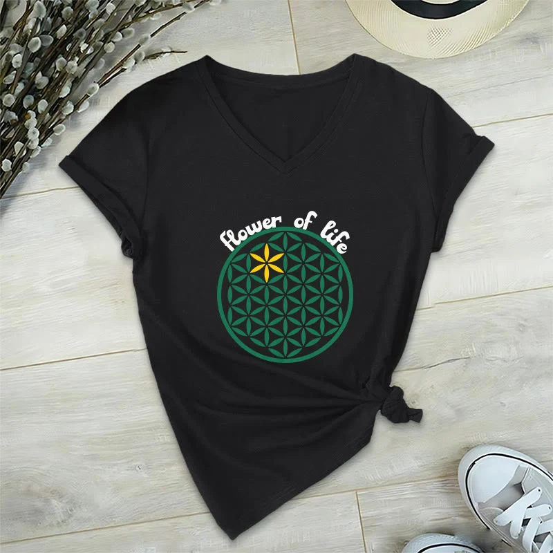 Olivenorma Flower of Life Boho Graphic Tees Lässiges T-Shirt mit V-Ausschnitt