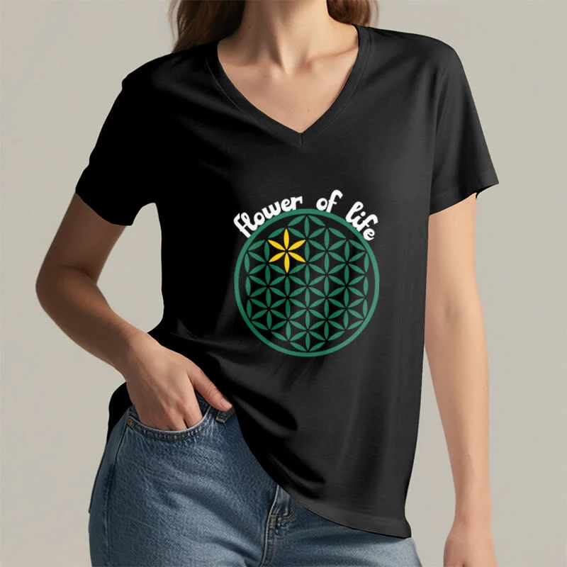 Olivenorma Flower of Life Boho Graphic Tees Lässiges T-Shirt mit V-Ausschnitt