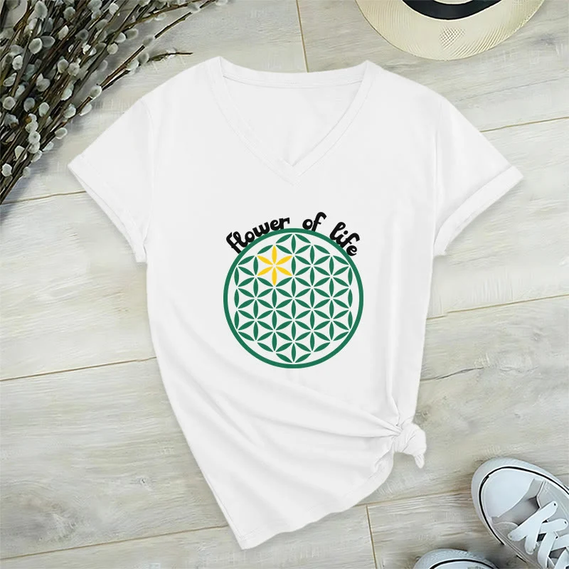 Olivenorma Flower of Life Boho Graphic Tees Lässiges T-Shirt mit V-Ausschnitt