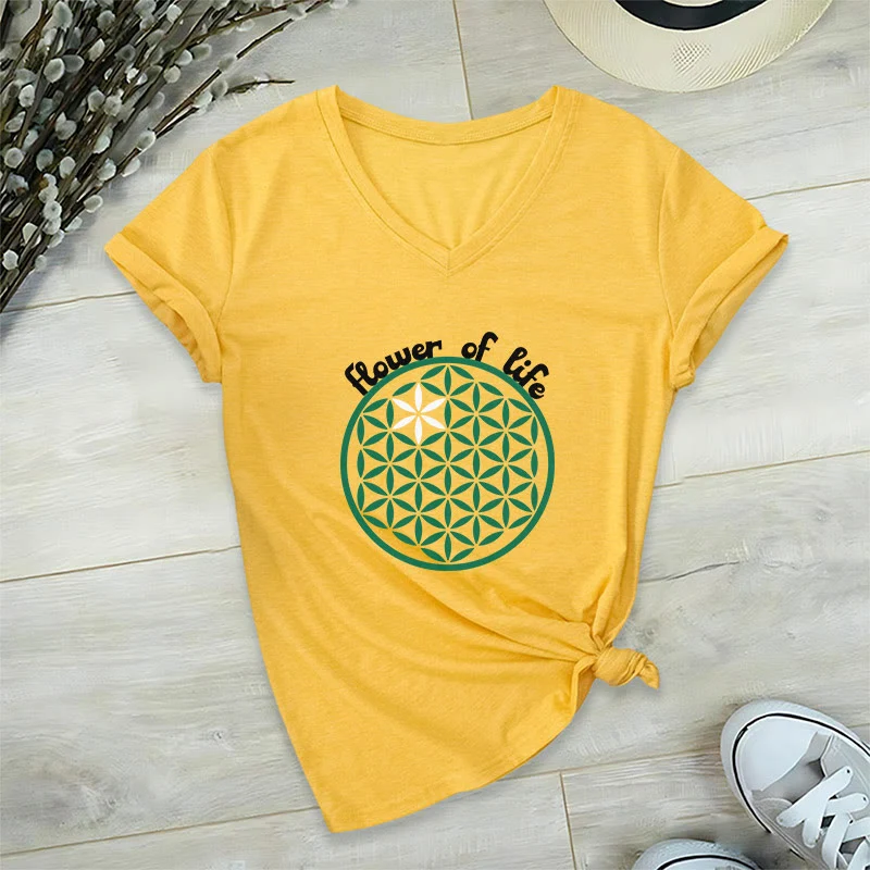 Olivenorma Flower of Life Boho Graphic Tees Lässiges T-Shirt mit V-Ausschnitt