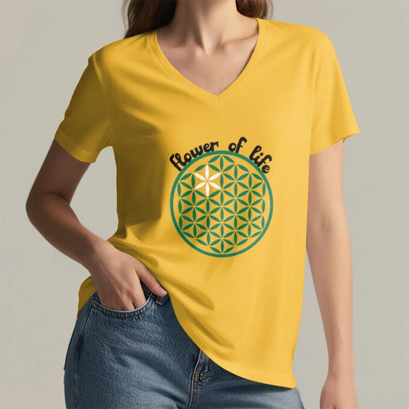 Olivenorma Flower of Life Boho Graphic Tees Lässiges T-Shirt mit V-Ausschnitt