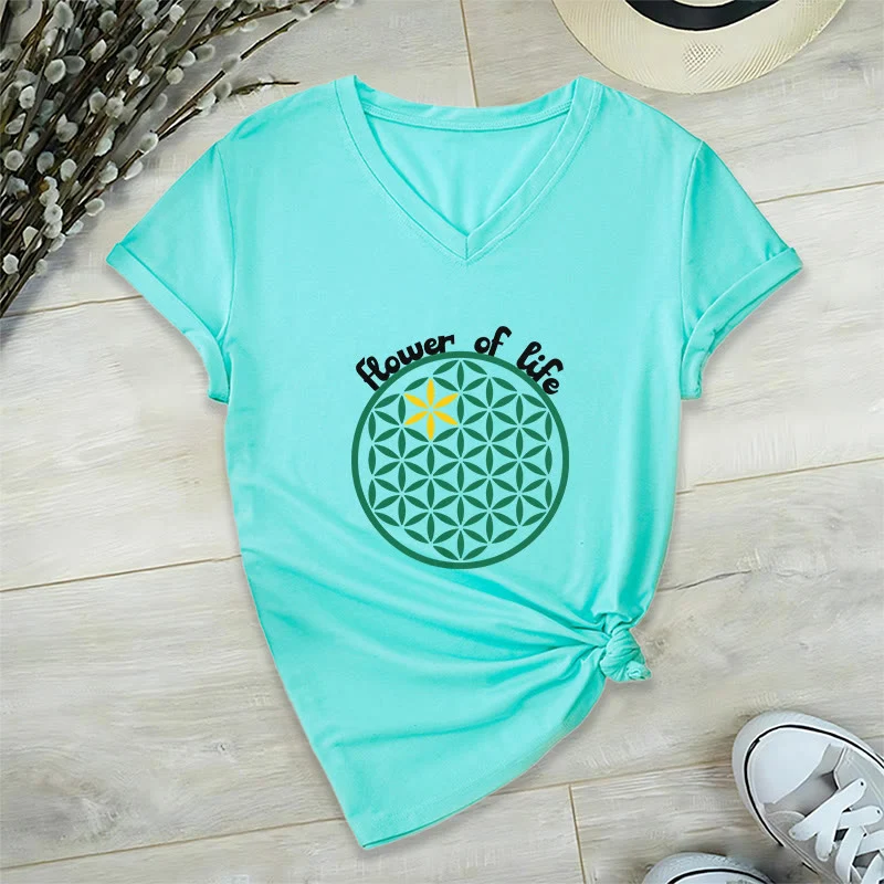 Olivenorma Flower of Life Boho Graphic Tees Lässiges T-Shirt mit V-Ausschnitt
