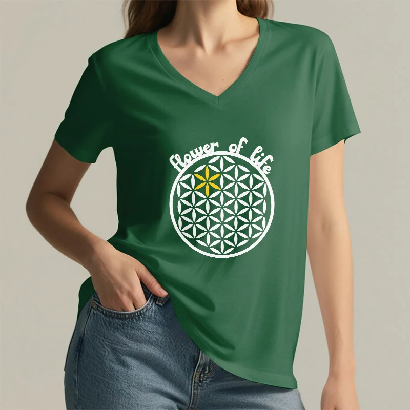 Olivenorma Flower of Life Boho Graphic Tees Lässiges T-Shirt mit V-Ausschnitt