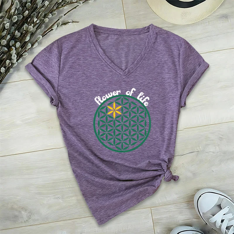 Olivenorma Flower of Life Boho Graphic Tees Lässiges T-Shirt mit V-Ausschnitt