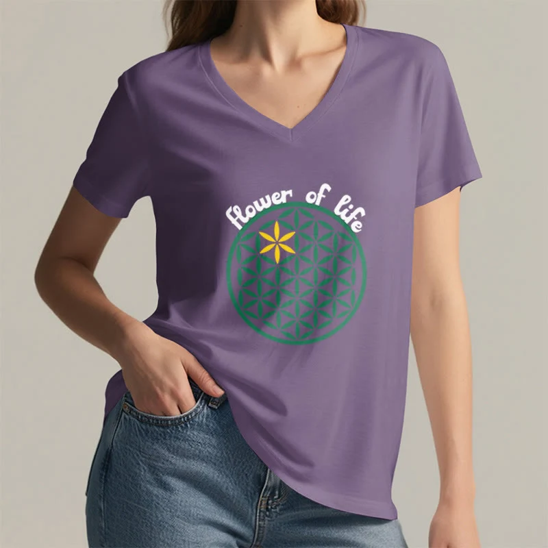 Olivenorma Flower of Life Boho Graphic Tees Lässiges T-Shirt mit V-Ausschnitt