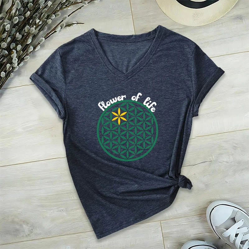 Olivenorma Flower of Life Boho Graphic Tees Lässiges T-Shirt mit V-Ausschnitt