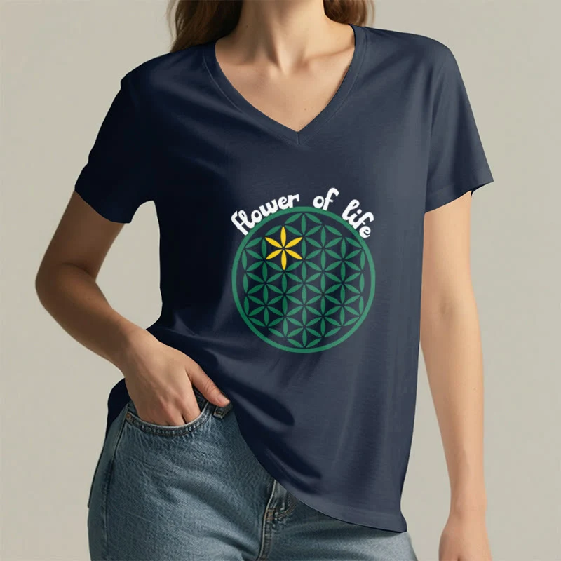 Olivenorma Flower of Life Boho Graphic Tees Lässiges T-Shirt mit V-Ausschnitt