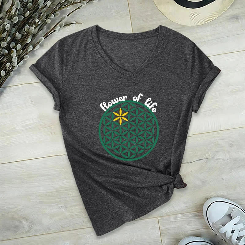 Olivenorma Flower of Life Boho Graphic Tees Lässiges T-Shirt mit V-Ausschnitt