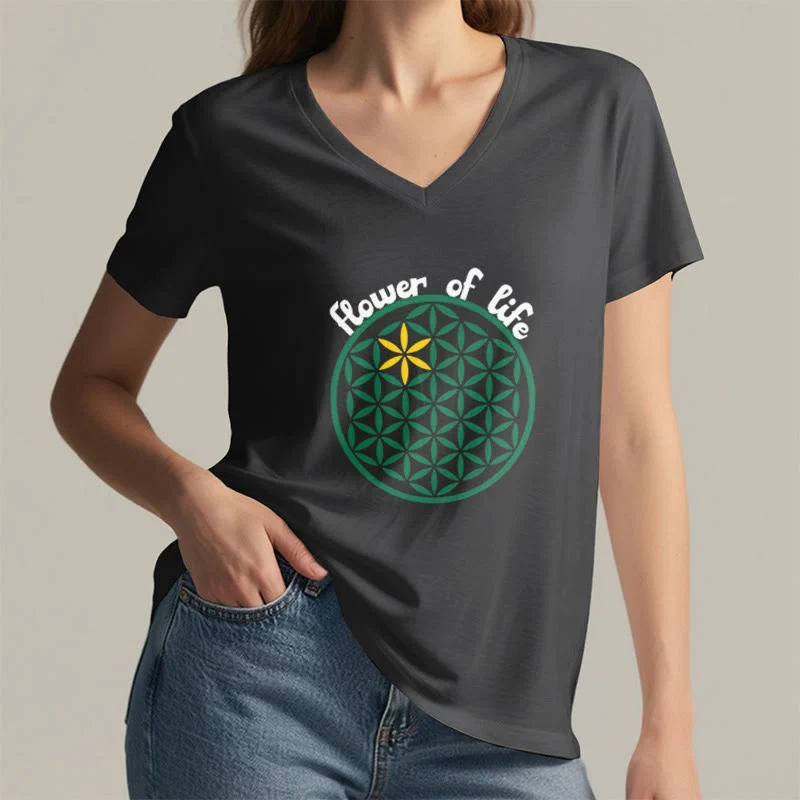 Olivenorma Flower of Life Boho Graphic Tees Lässiges T-Shirt mit V-Ausschnitt