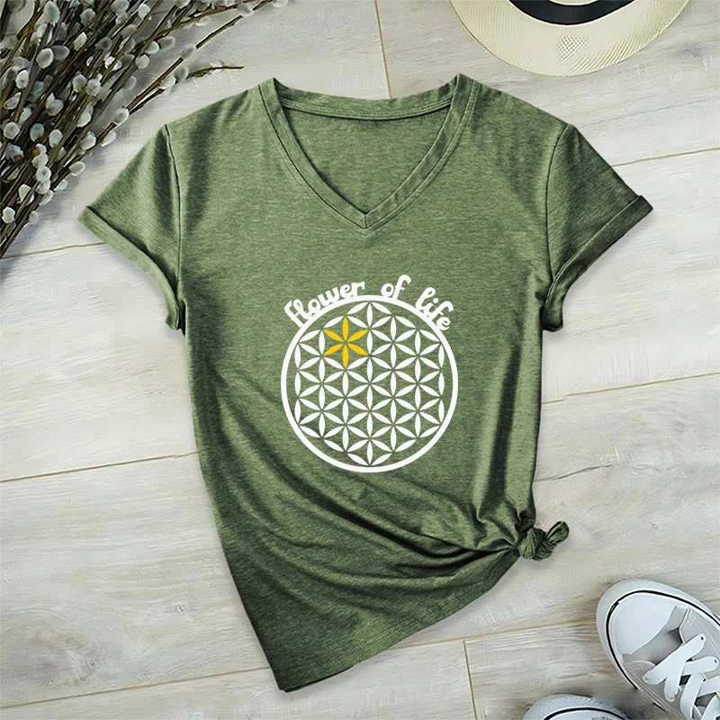 Olivenorma Flower of Life Boho Graphic Tees Lässiges T-Shirt mit V-Ausschnitt