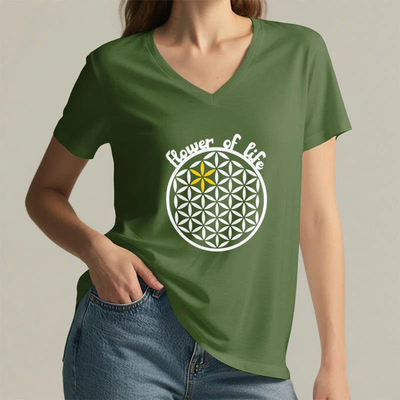 Olivenorma Flower of Life Boho Graphic Tees Lässiges T-Shirt mit V-Ausschnitt