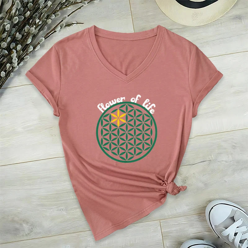 Olivenorma Flower of Life Boho Graphic Tees Lässiges T-Shirt mit V-Ausschnitt