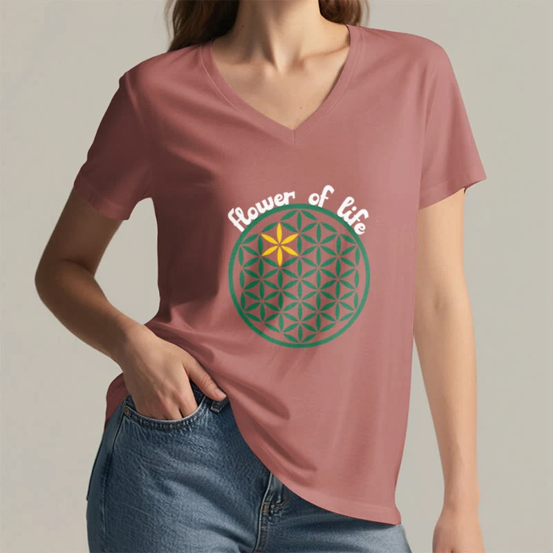 Olivenorma Flower of Life Boho Graphic Tees Lässiges T-Shirt mit V-Ausschnitt
