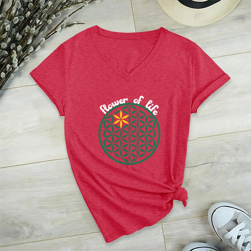 Olivenorma Flower of Life Boho Graphic Tees Lässiges T-Shirt mit V-Ausschnitt