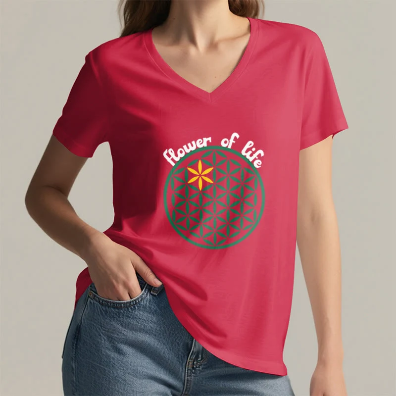 Olivenorma Flower of Life Boho Graphic Tees Lässiges T-Shirt mit V-Ausschnitt