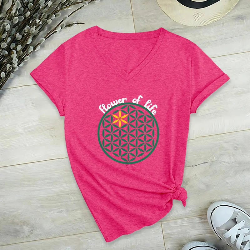 Olivenorma Flower of Life Boho Graphic Tees Lässiges T-Shirt mit V-Ausschnitt