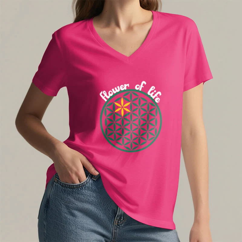Olivenorma Flower of Life Boho Graphic Tees Lässiges T-Shirt mit V-Ausschnitt