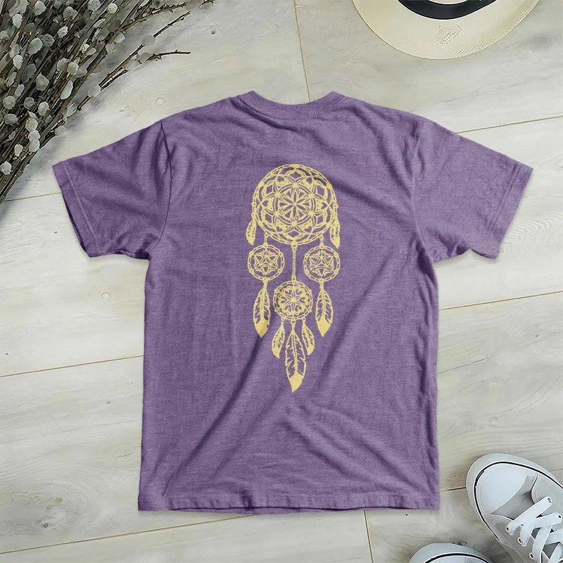 Olivenorma T-Shirt mit V-Ausschnitt und geometrischem Motiv „Blume des Lebens – Abwehr des Bösen“