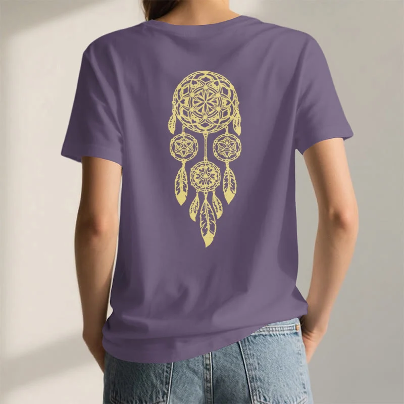 Olivenorma T-Shirt mit V-Ausschnitt und geometrischem Motiv „Blume des Lebens – Abwehr des Bösen“
