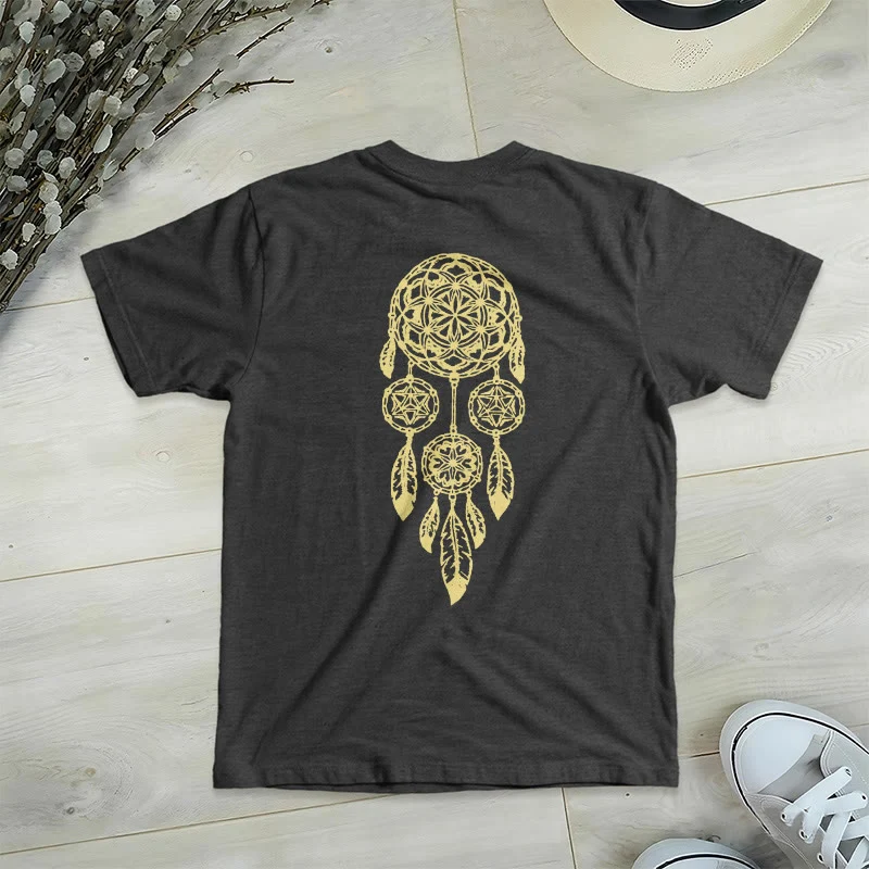 Olivenorma T-Shirt mit V-Ausschnitt und geometrischem Motiv „Blume des Lebens – Abwehr des Bösen“