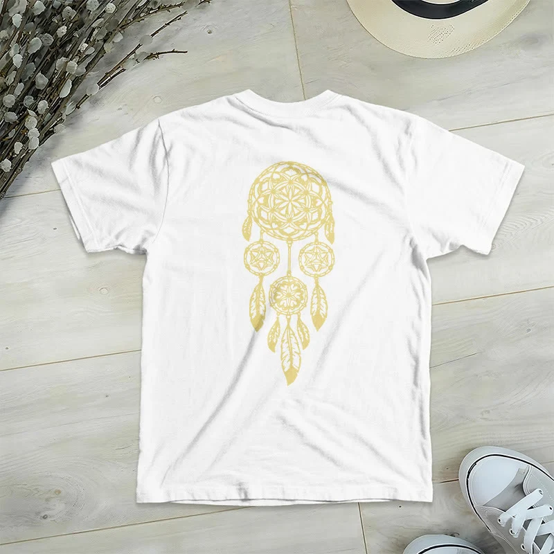 Olivenorma T-Shirt mit V-Ausschnitt und geometrischem Motiv „Blume des Lebens – Abwehr des Bösen“
