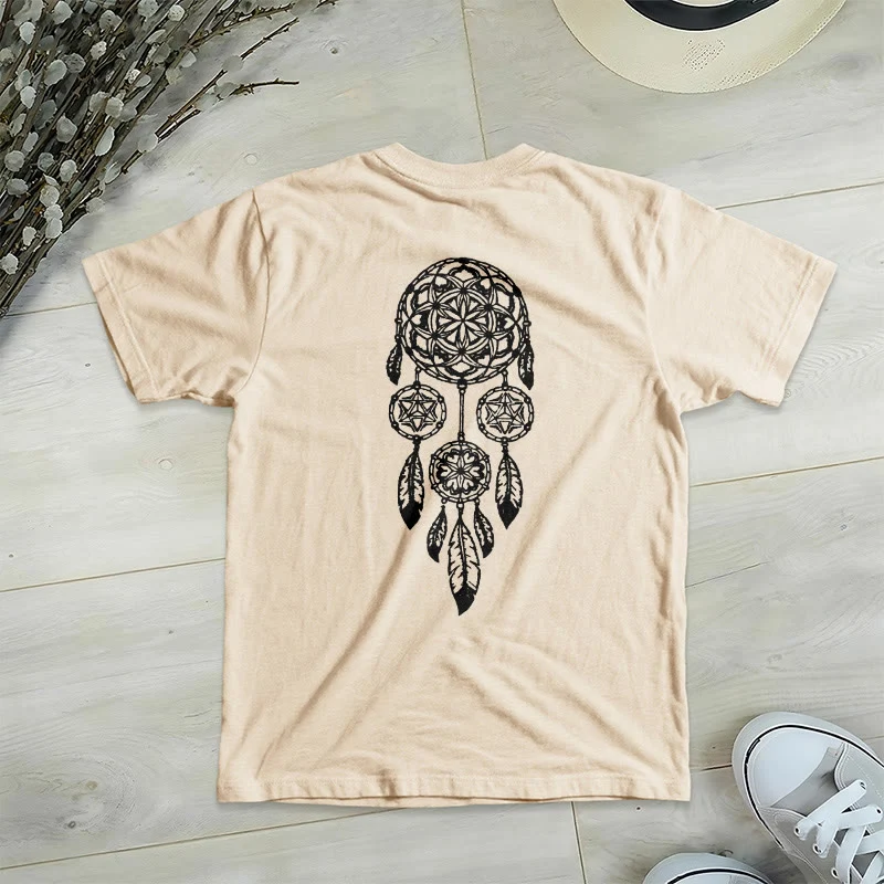 Olivenorma T-Shirt mit V-Ausschnitt und geometrischem Motiv „Blume des Lebens – Abwehr des Bösen“
