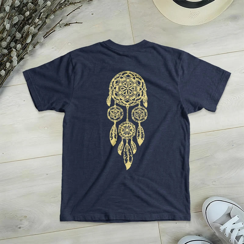 Olivenorma T-Shirt mit V-Ausschnitt und geometrischem Motiv „Blume des Lebens – Abwehr des Bösen“