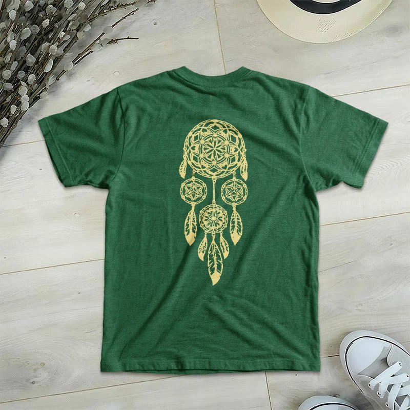 Olivenorma T-Shirt mit V-Ausschnitt und geometrischem Motiv „Blume des Lebens – Abwehr des Bösen“