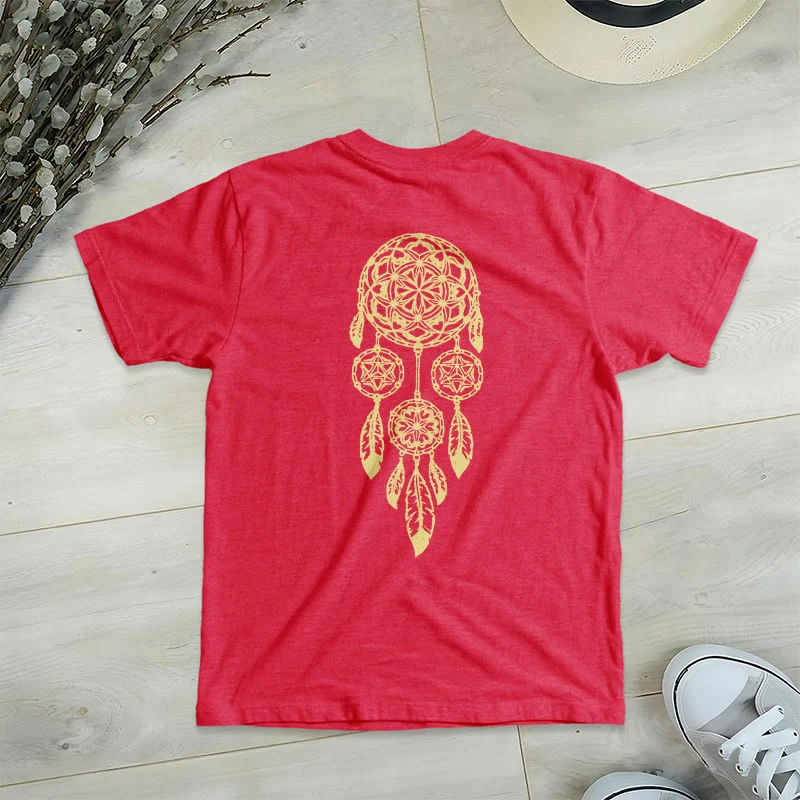Olivenorma T-Shirt mit V-Ausschnitt und geometrischem Motiv „Blume des Lebens – Abwehr des Bösen“