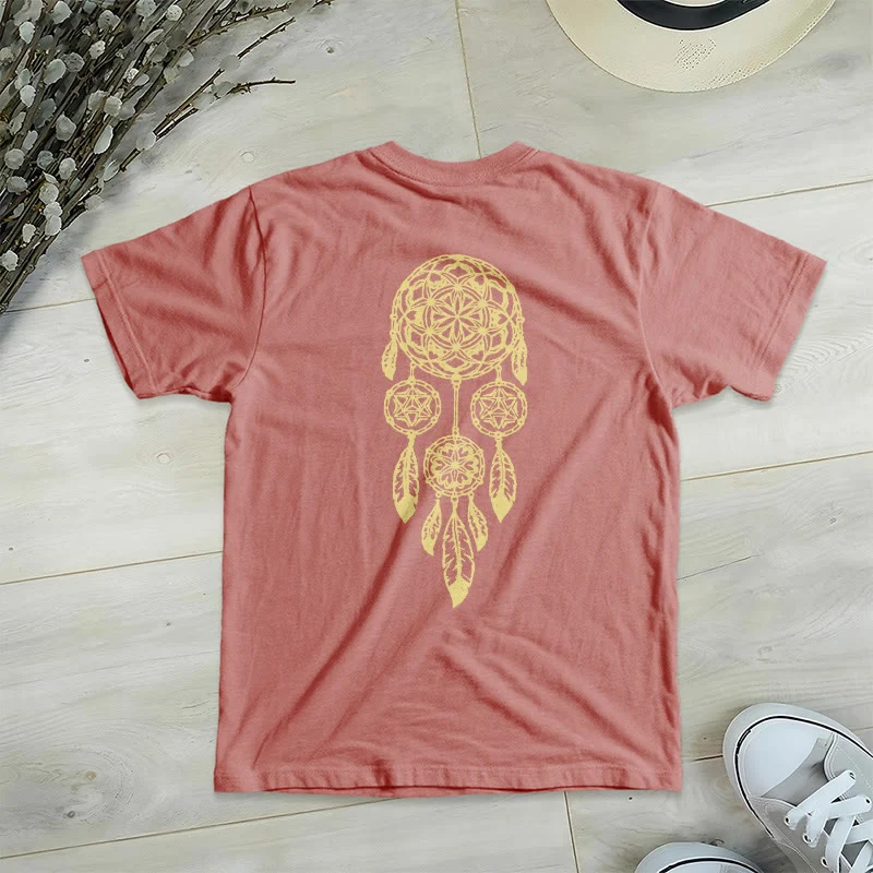 Olivenorma T-Shirt mit V-Ausschnitt und geometrischem Motiv „Blume des Lebens – Abwehr des Bösen“