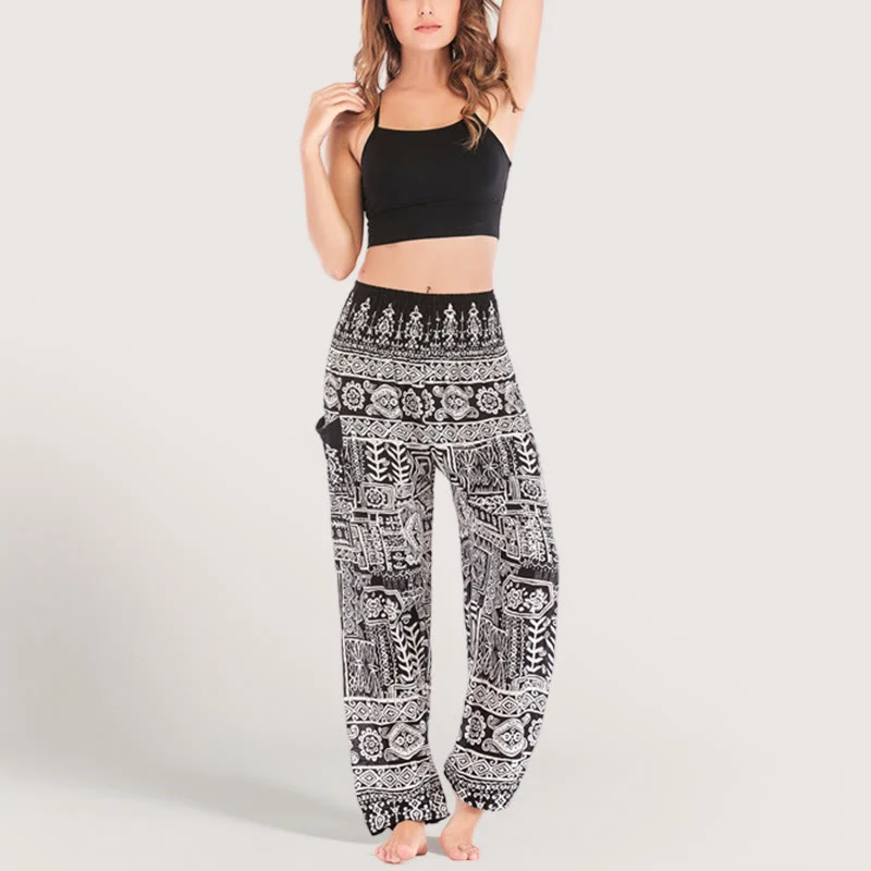 Olivenorma – Schwarze Yoga-Loungehose mit Bündchen im Bohemian-Stil