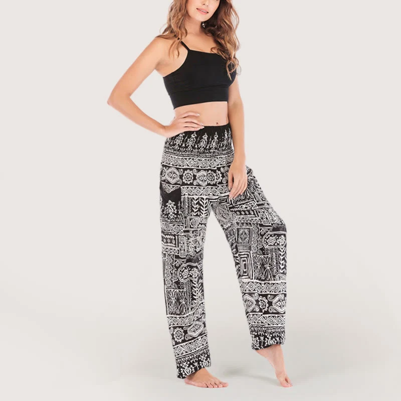 Olivenorma – Schwarze Yoga-Loungehose mit Bündchen im Bohemian-Stil