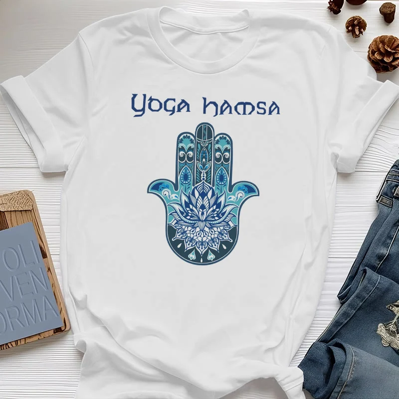Olivenorma – Bequemes T-Shirt mit Yoga-Hamsa-Print, Blau