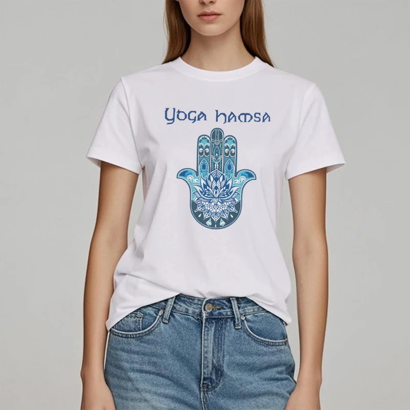 Olivenorma – Bequemes T-Shirt mit Yoga-Hamsa-Print, Blau