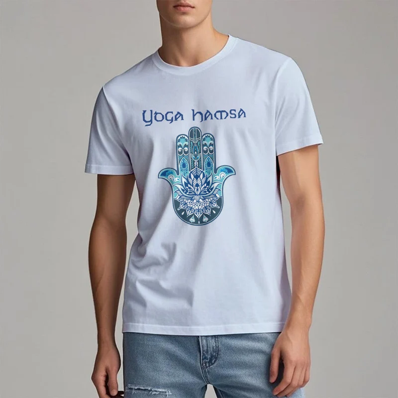 Olivenorma – Bequemes T-Shirt mit Yoga-Hamsa-Print, Blau