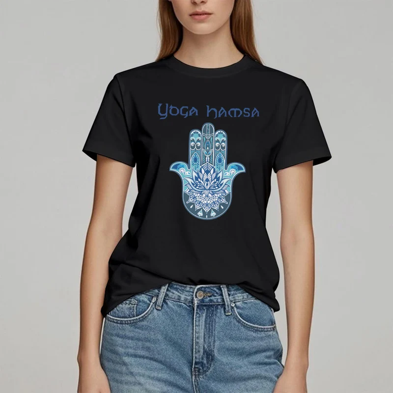 Olivenorma – Bequemes T-Shirt mit Yoga-Hamsa-Print, Blau