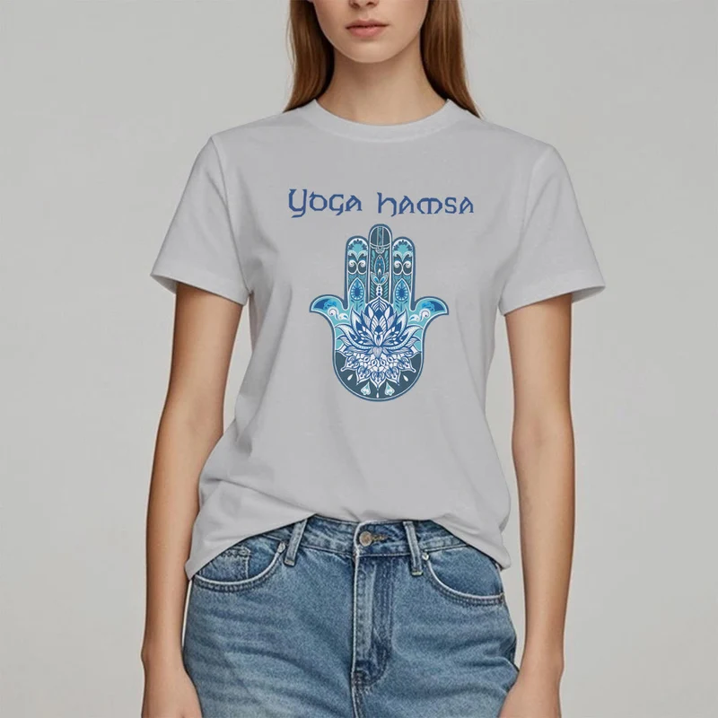 Olivenorma – Bequemes T-Shirt mit Yoga-Hamsa-Print, Blau
